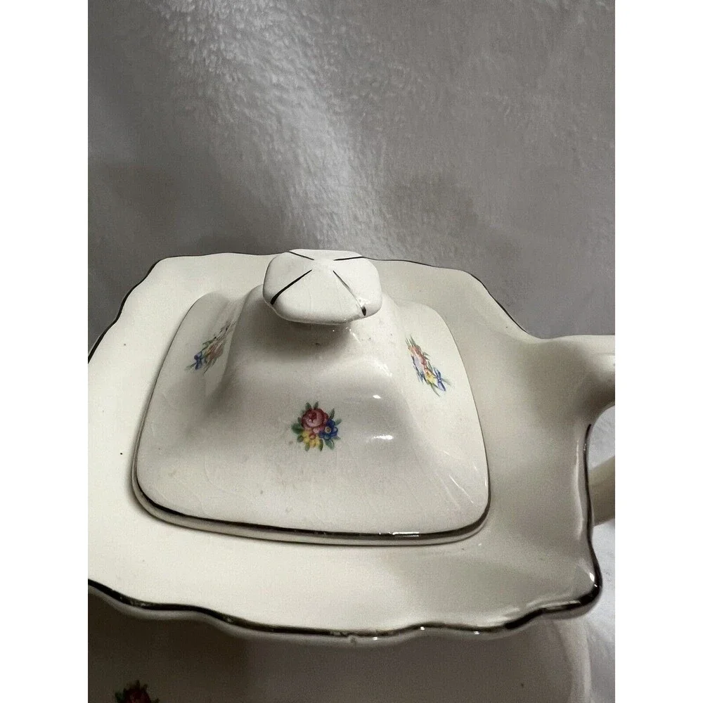 Teapot - W S George Lido Canarytone   Floral Silver Trim USA- crazing at bottom - Picture 8 of 13